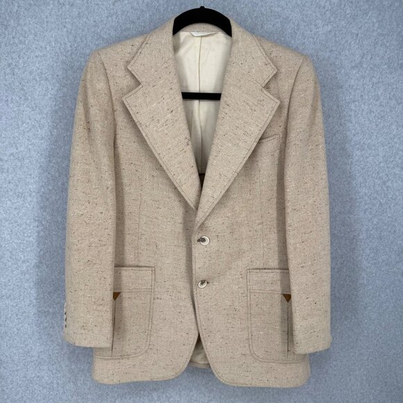Johnny Carson Mens VTG Wool Tweed Blazer Size 42 Tan Western Yoke USA Union Made - Picture 1 of 16